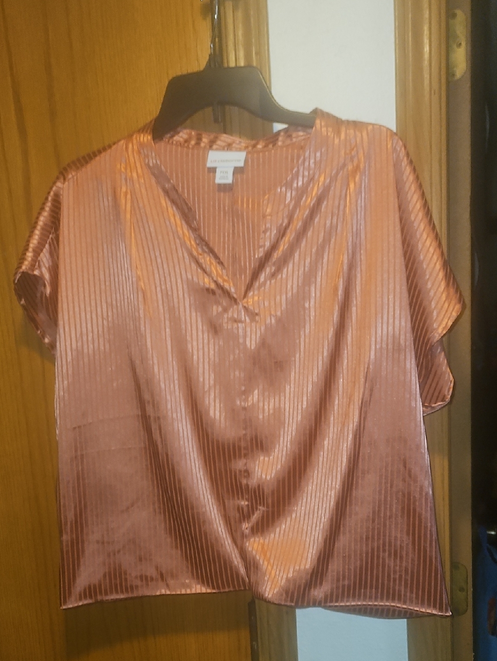 Liz Claiborne Copper Pink Pleated Satin V-Neck Blouse